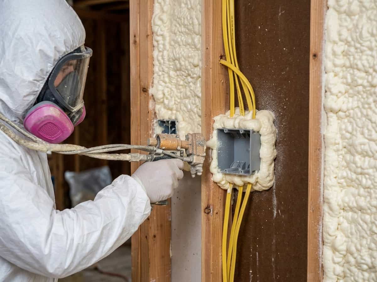 Spray foam around electrical penetrations — air sealing Calgary